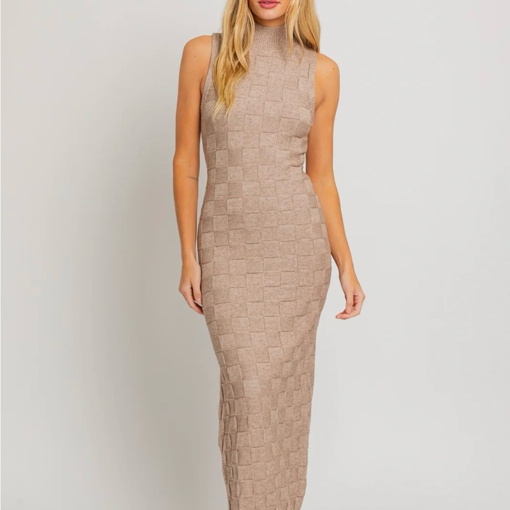 Le Lis Tan Mock Neck Fitted Maxi Dress